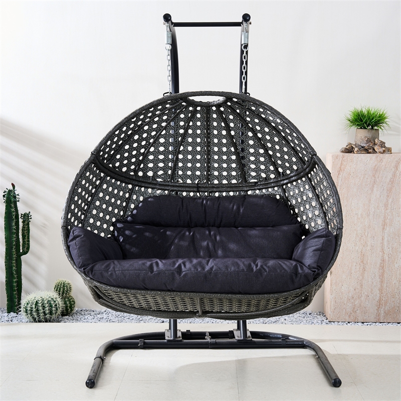 Double Wicker Outdoor Swing Egg Chair Hammock Hanging Loveseat with Stand