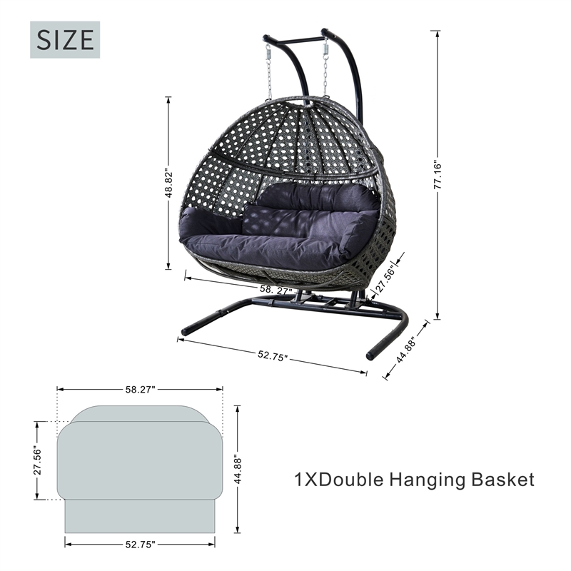 Double Wicker Outdoor Swing Egg Chair Hammock Hanging Loveseat with Stand