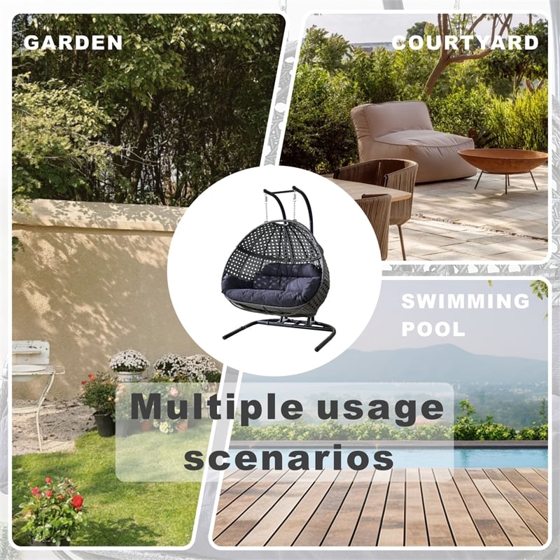 Double Wicker Outdoor Swing Egg Chair Hammock Hanging Loveseat with Stand