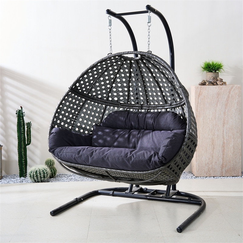 Double Wicker Outdoor Swing Egg Chair Hammock Hanging Loveseat with Stand