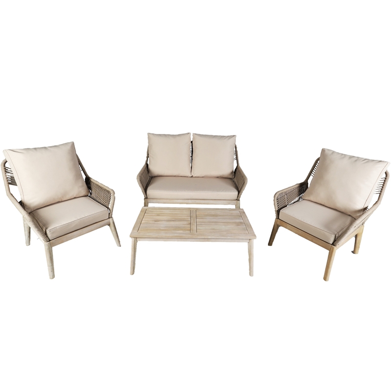 Direct Wicker 4-Piece Acacia Wood Outdoor Patio Conversation Set with Cushions