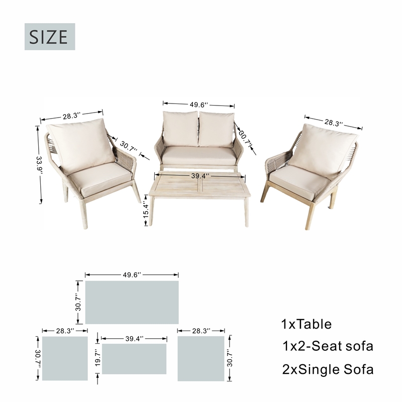 Direct Wicker 4-Piece Acacia Wood Outdoor Patio Conversation Set with Cushions