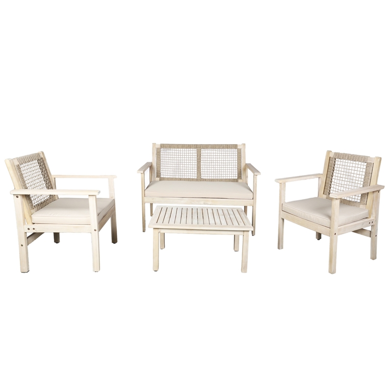 Direct Wicker 4-Piece Acacia Wood Outdoor Patio Conversation Set with Cushions