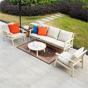 Modern 4-Piece Wooden Patio Furniture Set with Cushions & Coffee Table(Beige)