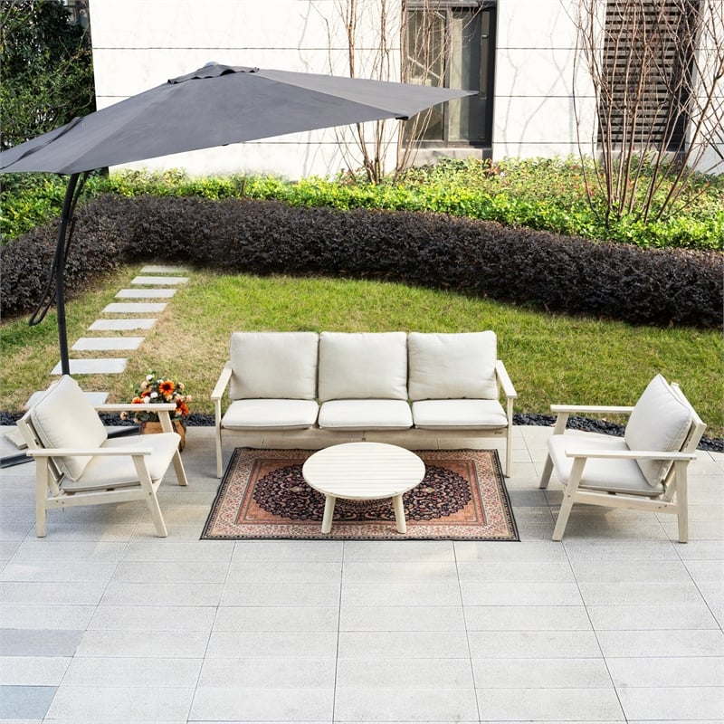 Modern 4-Piece Wooden Patio Furniture Set with Cushions & Coffee Table(Beige)