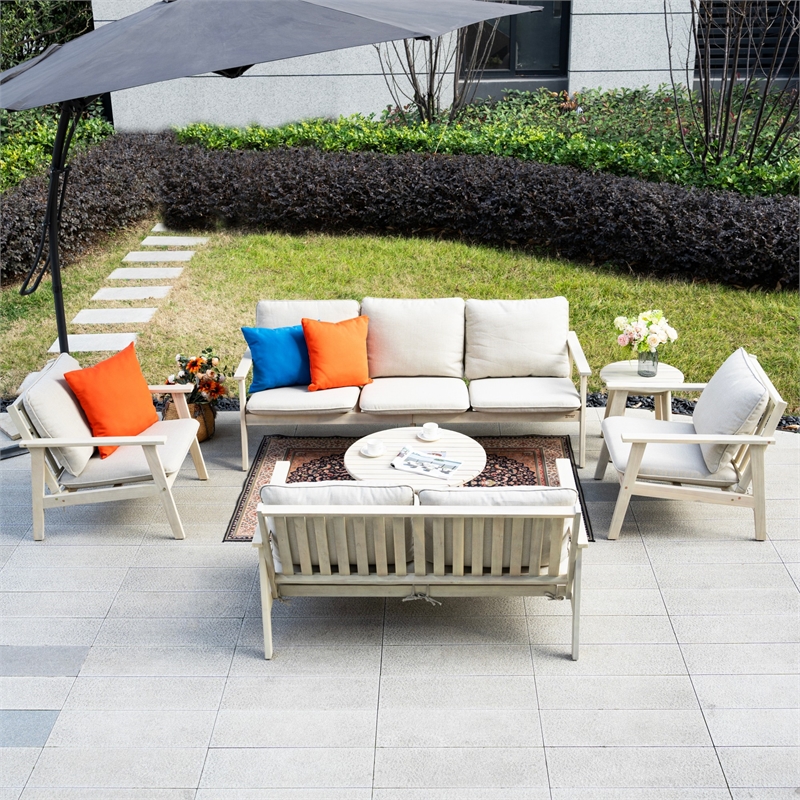 Modern 6-Piece Wooden Patio Furniture Set with Cushions & Coffee Table(Beige)