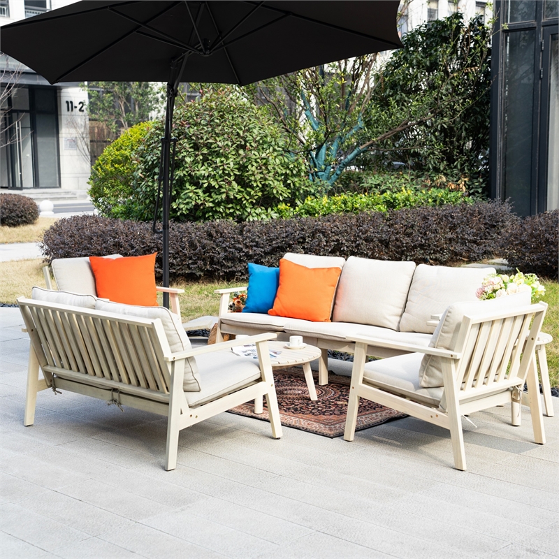 Modern 6-Piece Wooden Patio Furniture Set with Cushions & Coffee Table(Beige)