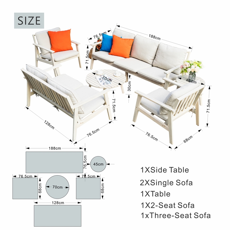 Modern 6-Piece Wooden Patio Furniture Set with Cushions & Coffee Table(Beige)