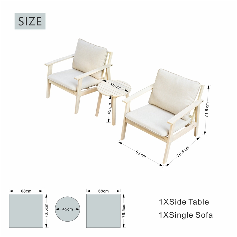 Modern 3-Piece Wooden Patio Furniture Set with Cushions & Coffee Table(Beige)