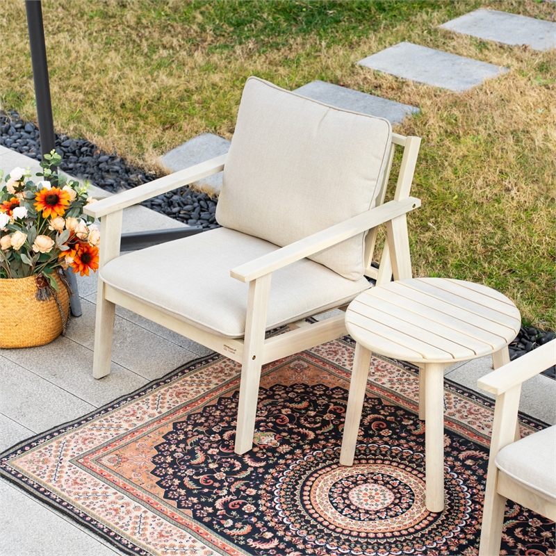 Modern 3-Piece Wooden Patio Furniture Set with Cushions & Coffee Table(Beige)