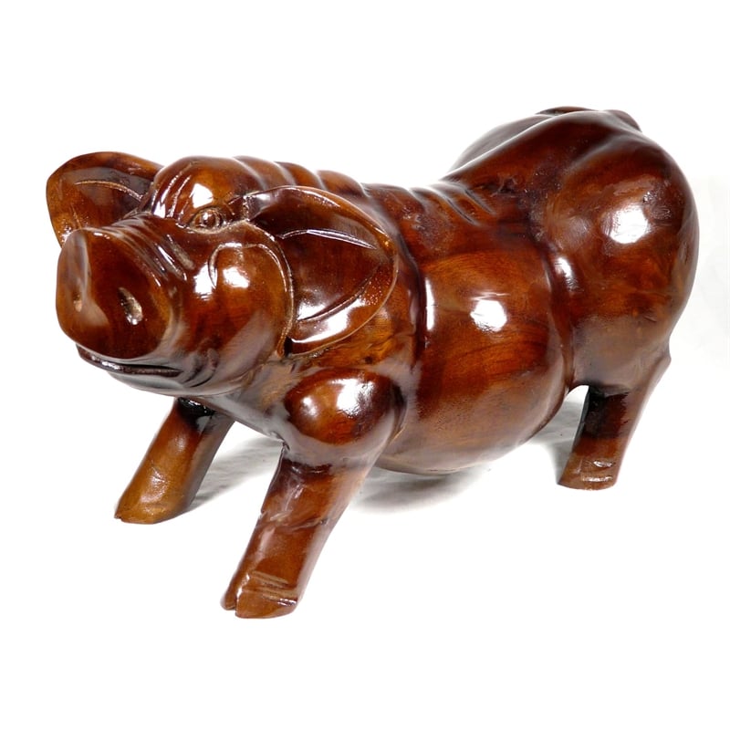 D-Art Collection Traditional Teak/Mahogany Solid Wood Pig Statue in Dark Brown