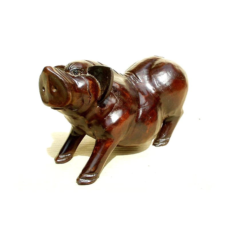 D-Art Collection Traditional Teak/Mahogany Solid Wood Pig Statue in Dark Brown