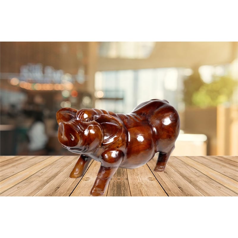D-Art Collection Traditional Teak/Mahogany Solid Wood Pig Statue in Dark Brown