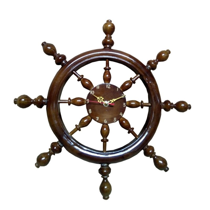 D-Art Collection Mahogany Wood and Veneer Captain Wheel Clock in Dark Brown