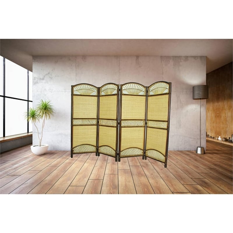 D-Art Collection Rattan/Bamboo Tropical 4-Panel Screen Divider in Brown/Natural