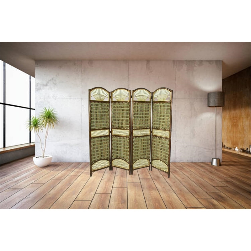 D-Art Collection Bamboo/Seagrass Tropical 4-Panel Screen Divider in Brown/Green