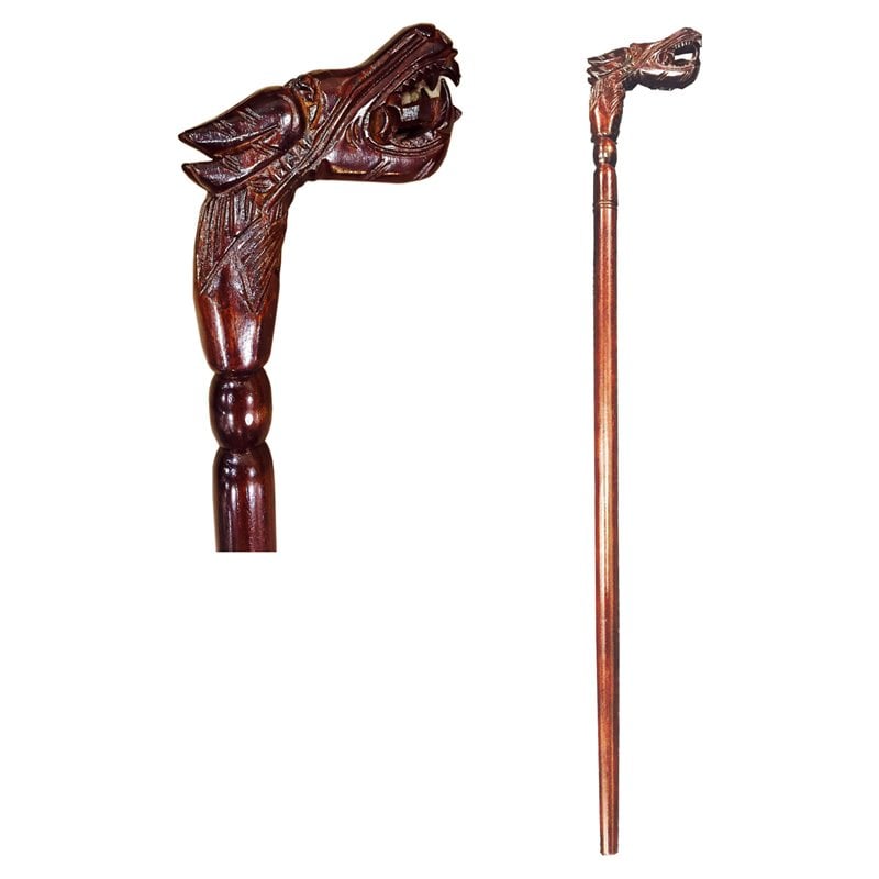D-Art Collection Teak and Mahogany Solid Wood Dragon Walking Stick in Dark Brown
