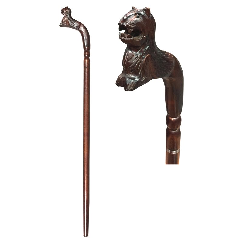 D-Art Collection Teak and Mahogany Solid Wood Tiger Walking Stick in Dark Brown