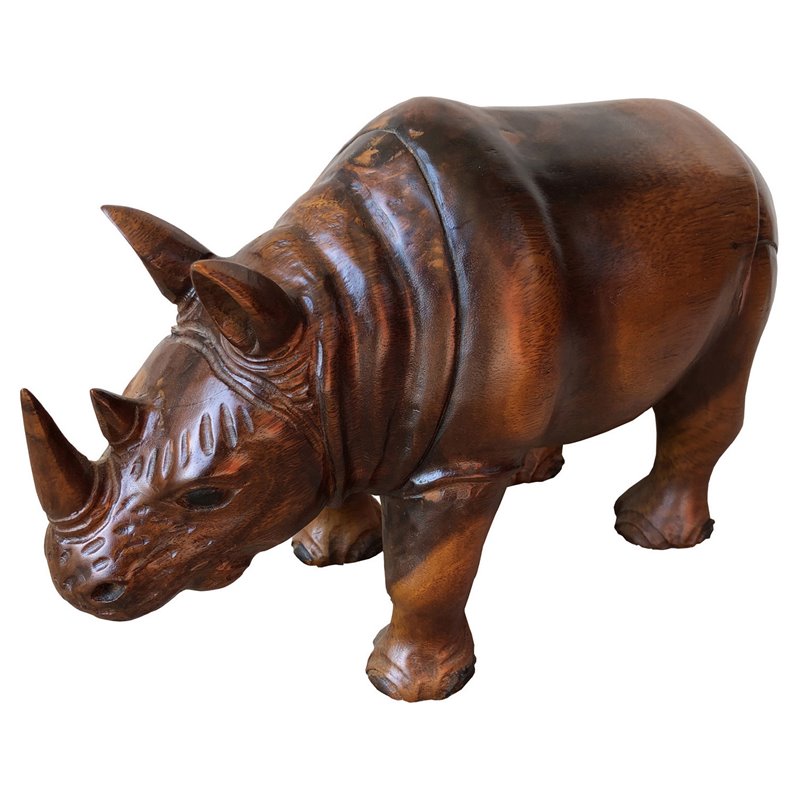 D-Art Collection Traditional Teak/Mahogany Solid Wood Rhino Statue in Dark Brown