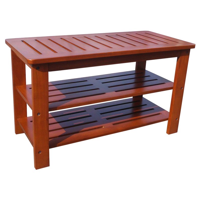 D-Art Collection Michaela 2-Tier Solid Mahogany Wood Shoe Bench in Brown
