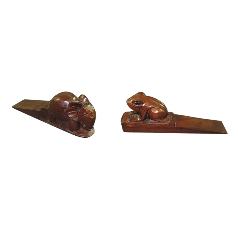 D-Art Collection Solid Teak Wood Frog and Elephant Door Stopper in Dark Brown