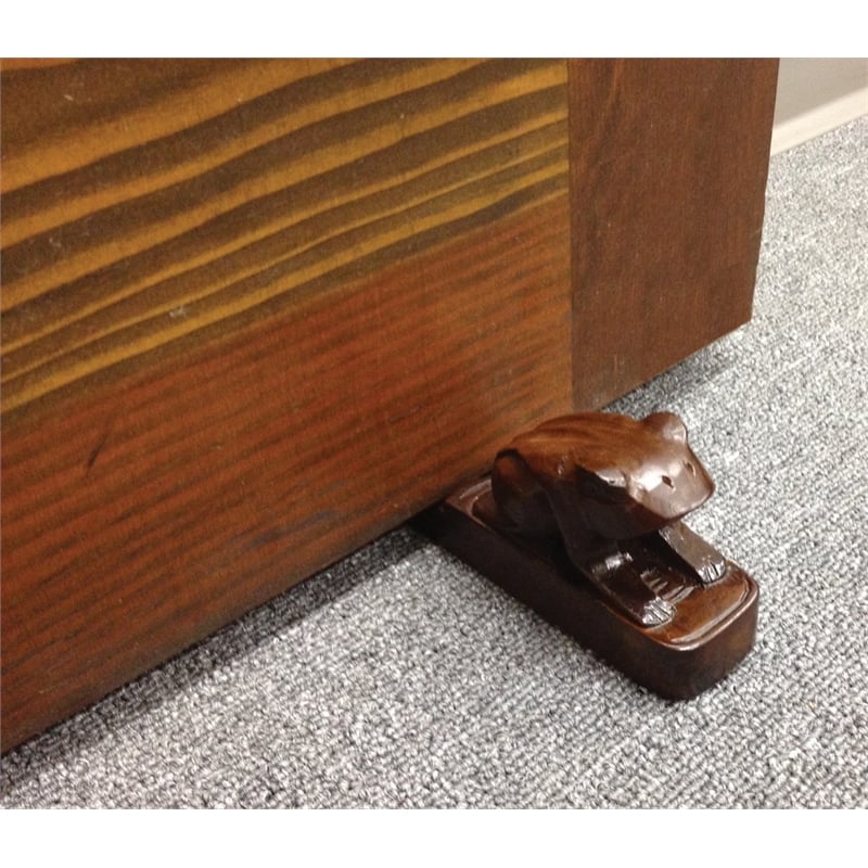 D-Art Collection Solid Teak Wood Frog and Elephant Door Stopper in Dark Brown