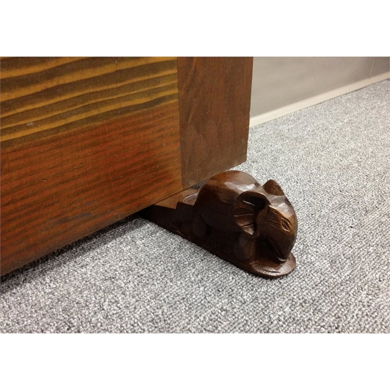 D-Art Collection Solid Teak Wood Frog and Elephant Door Stopper in Dark Brown
