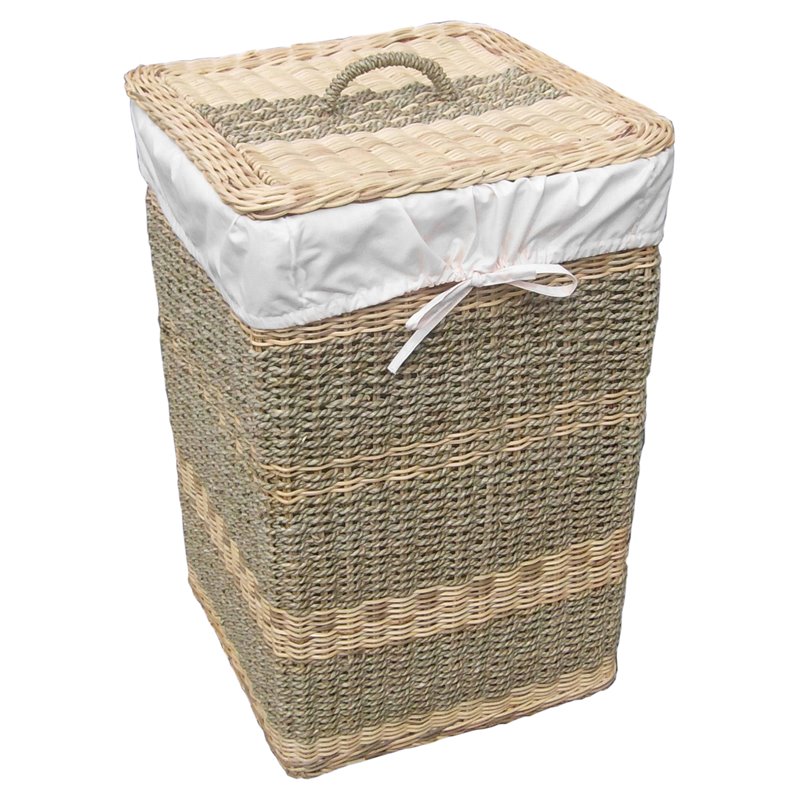 D-Art Collection Square Wicker/Rattan and Linen Costa Laundry Hamper in Natural