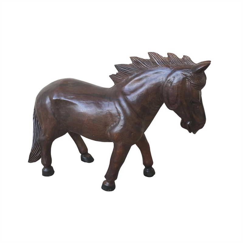 D-Art Collection Teak/Mahogany Solid Wood Standing Horse Statue in Dark Brown