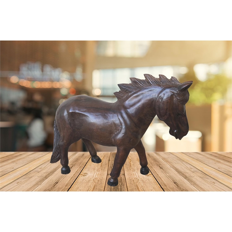 D-Art Collection Teak/Mahogany Solid Wood Standing Horse Statue in Dark Brown