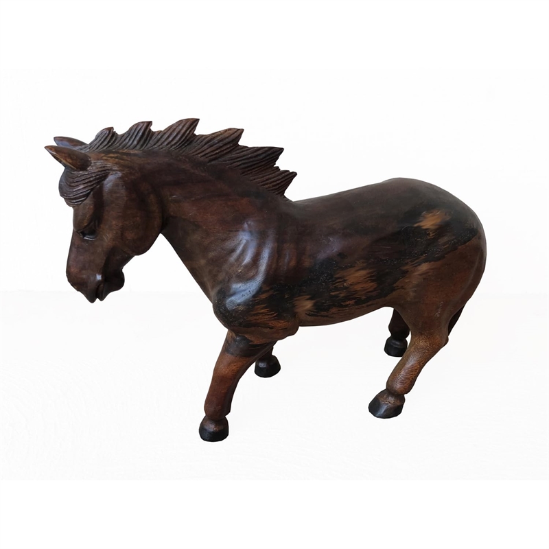 D-Art Collection Teak/Mahogany Solid Wood Standing Horse Statue in Dark Brown