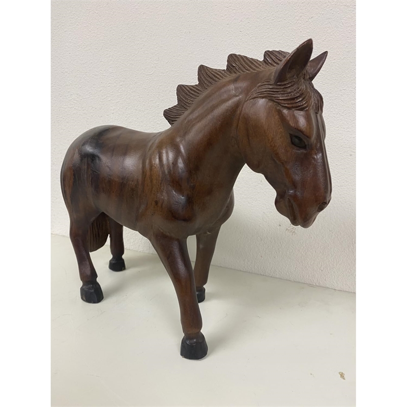 D-Art Collection Teak/Mahogany Solid Wood Standing Horse Statue in Dark Brown