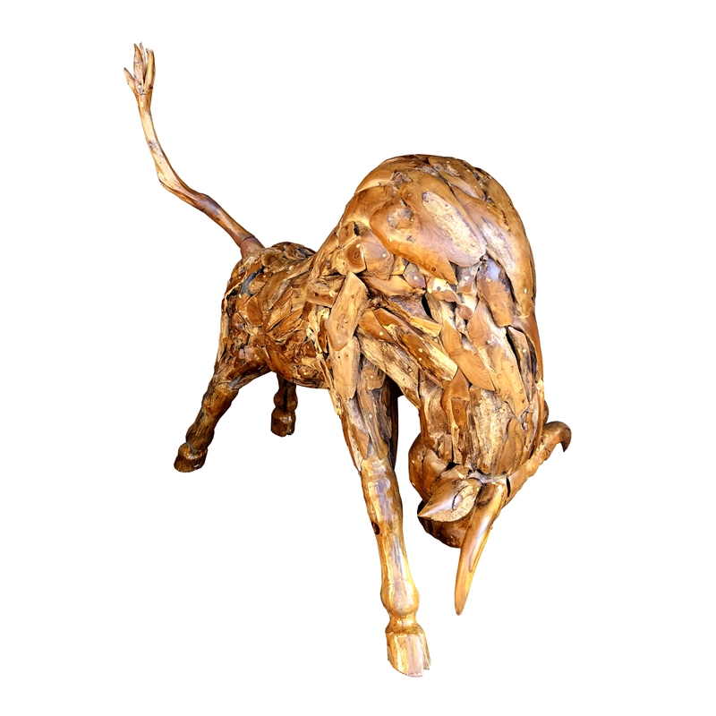 D-Art Collection Charging Bull Driftwood Statue in Driftwood