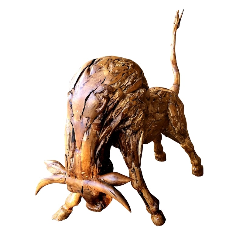 D-Art Collection Charging Bull Driftwood Statue in Driftwood