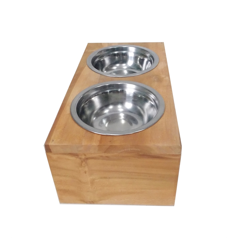 D-Art Collection Solid Wood Pet Feeder Stand w/2 Stainless Bowls in Natural Teak