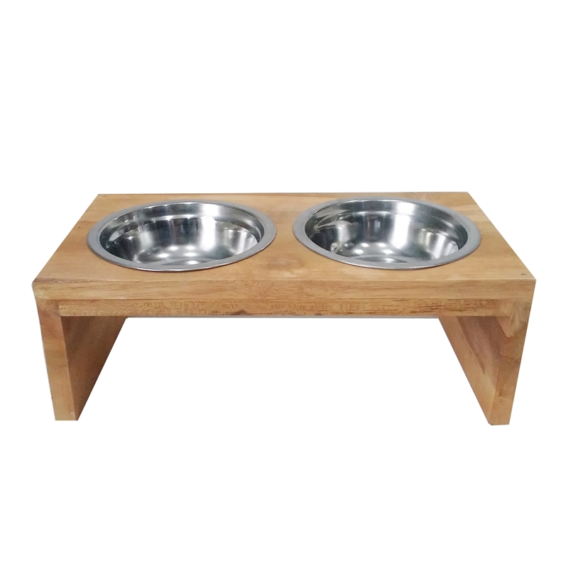 D-Art Collection Solid Wood Pet Feeder Stand w/2 Stainless Bowls in Natural Teak