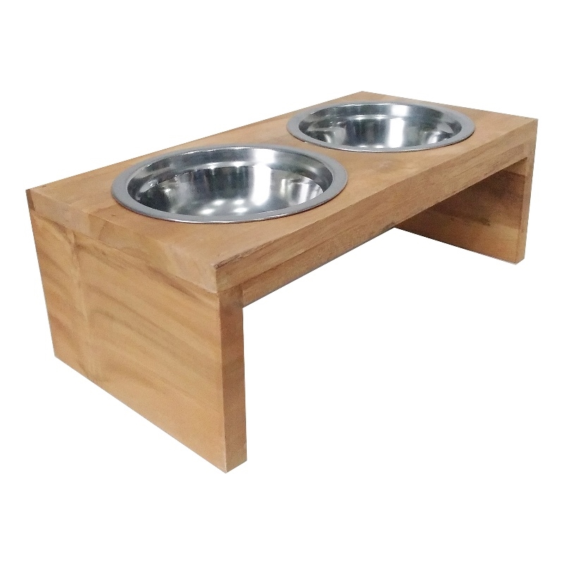 D-Art Collection Solid Wood Pet Feeder Stand w/2 Stainless Bowls in Natural Teak