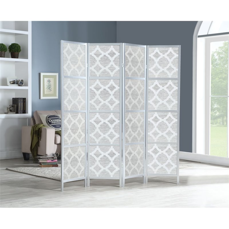 Roundhill Furniture Quarterfoil infused Diamond 4-Panel Room Divider in Silver