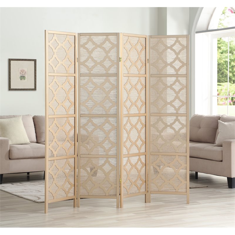 Roundhill Furniture Quarterfoil infused Diamond 4-Panel Room Divider in Gold