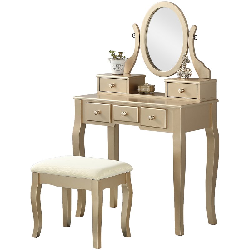 Roundhill Furniture Ashley Wood MakeUp Vanity Table and Stool Set in