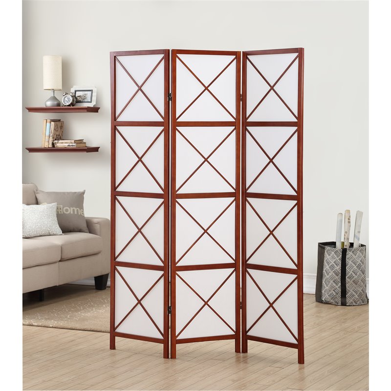 Roundhill Furniture Paper and Wood 3-Panel Screen Room Divider in Walnut