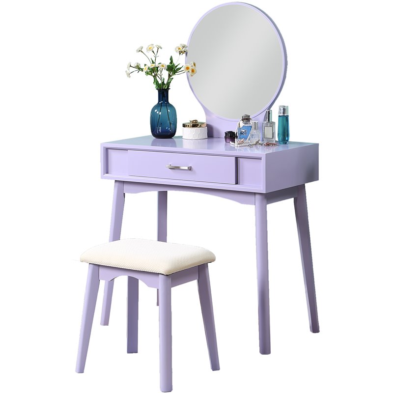Roundhill Furniture Maly Solid Rubber Wood Vanity and Stool Set in