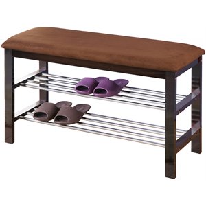 roundhill furniture wood shoe bench with chocolate microfiber upholstered seat