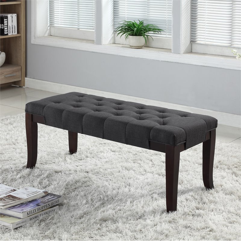 Roundhill Furniture Linon Fabric Tufted and Wood Bench in Gray