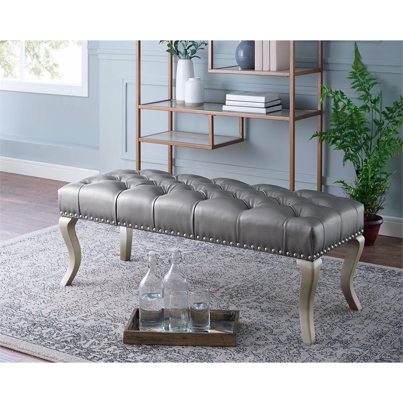 Roundhill Furniture Decor Maxem Fabric Upholstered Bench with Nailhead Champagne