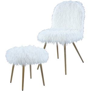 roundhill furniture ravni faux fur accent chair ottoman set in white/rose gold