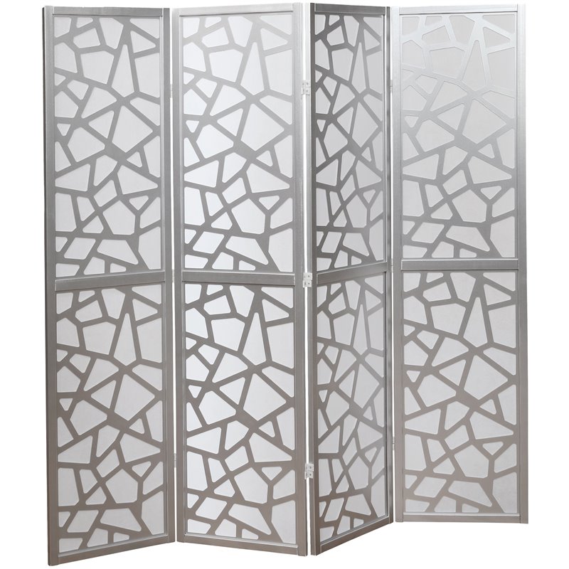 Roundhill Furniture Giyano Rice Paper/Wood 4Panel Screen Room Divider in Sliver Cymax Business