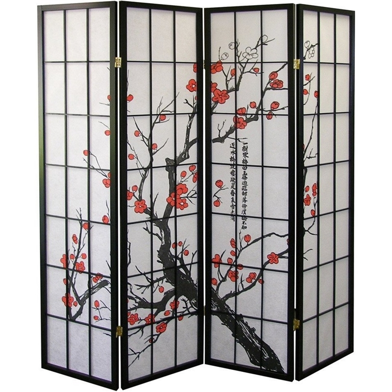 Roundhill Furniture Japanese 4Panel Screen Room Divider in Plum Blossom