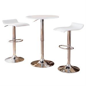 baxton adjustable height bar table with 2 adjustable swivel stools set in white