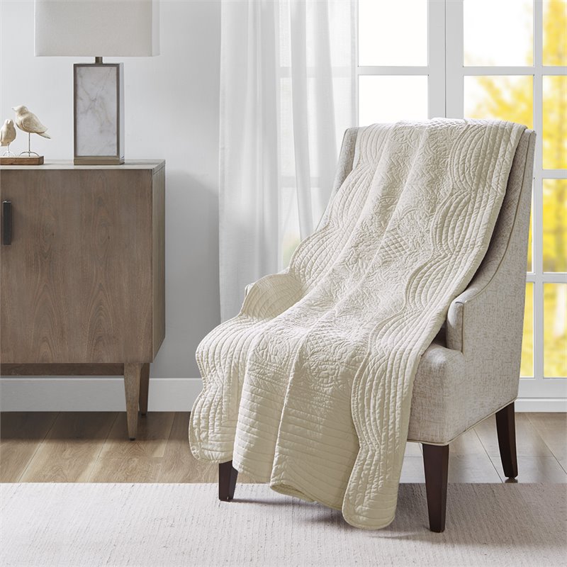 Madison Park Fabric Oversized Quilted Throw with Scalloped Edges in Cream